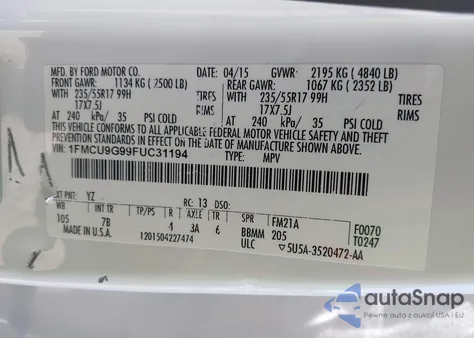 2015 Ford Escape Se из США, поврежденный, VIN 1FMCU9G99FUC31194